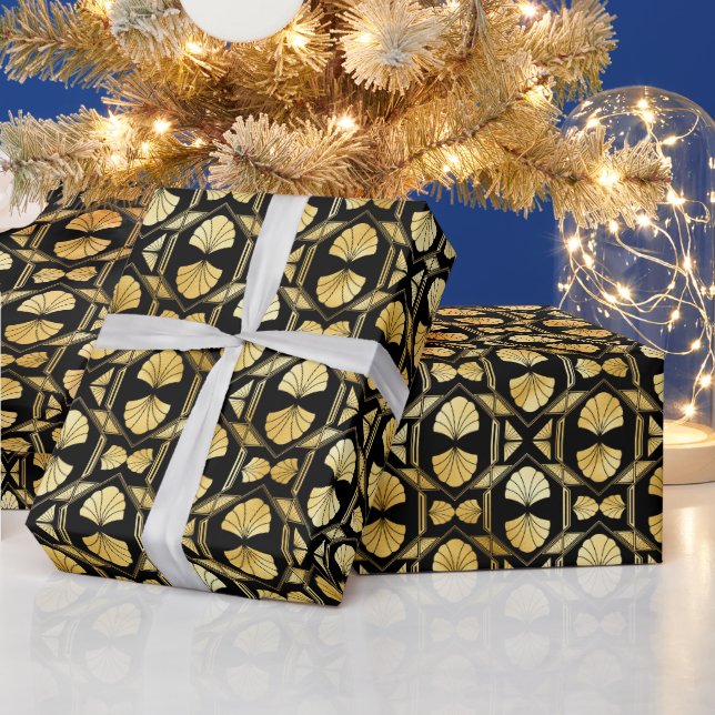 Gold and Black Floral Art Deco Pattern Wrapping Paper (Holidays)