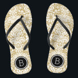 Gold and Black Floral Damask Monogram Thongs<br><div class="desc">Custom printed flip flop sandals with a stylish elegant floral damask pattern and your custom monogram or other text in a circle frame. Click Customise It to change text fonts and colours or add your own images to create a unique one of a kind design!</div>