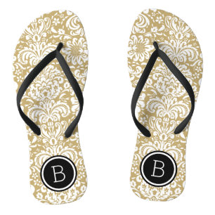 Gold and Black Floral Damask Monogram Thongs