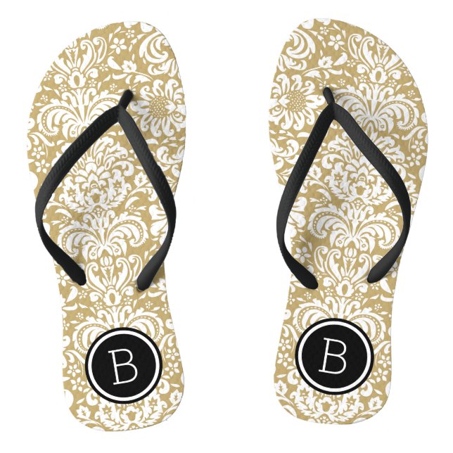 Gold and Black Floral Damask Monogram Thongs (Footbed)