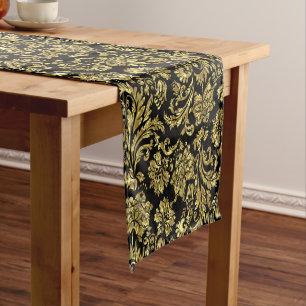Gold And Black Floral Damask Pattern Short Table Runner