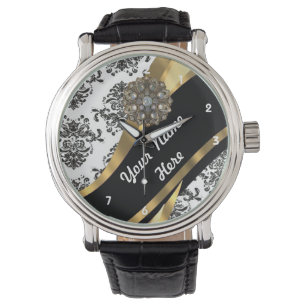 Gold and black floral damask pattern watch