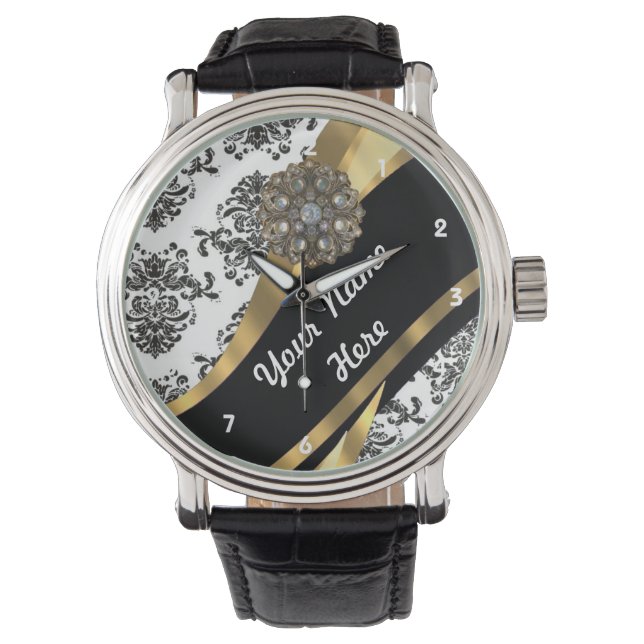 Gold and black  floral damask pattern watch (Front)