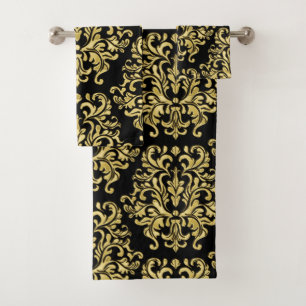 Gold and Black Floral Damask Print Towel Set