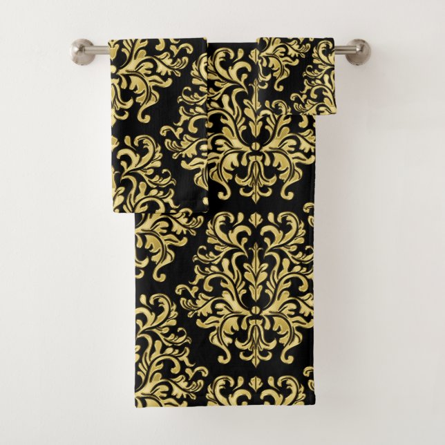 Gold and Black Floral Damask Print Towel Set (Insitu)