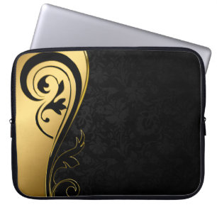 Gold and Black Floral Design Laptop Sleeve