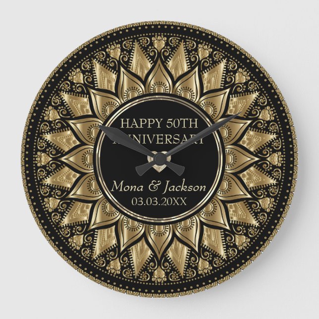 Gold And Black Floral Mandala Large Clock (Front)