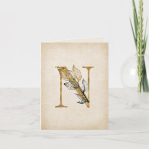 Gold and Black Floral N Monogram With Leaves Note Card