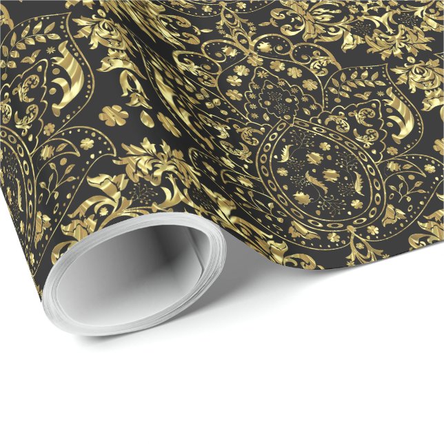 Gold And Black Floral Pattern 2a Wrapping Paper (Roll Corner)