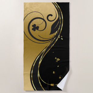 Gold and black floral swirl beach towel