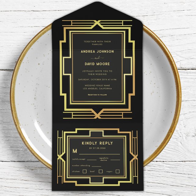 Gold and Black Gatsby Frame Retro Art Deco Wedding All In One Invitation (Creator Uploaded)