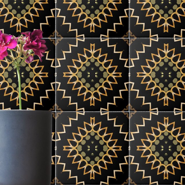 Gold and Black Geometric Ethnic Oriental Arabesque Ceramic Tile (Creator Uploaded)