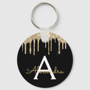 Gold and Black Girly Sparkly Glitter Monogram Key Ring