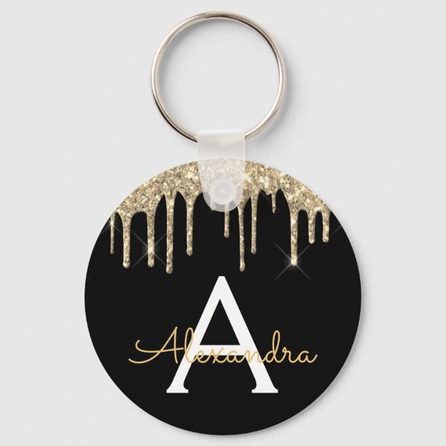 Gold and Black Girly Sparkly Glitter Monogram Key Ring (Front)