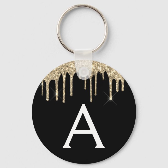 Gold and Black Girly Sparkly Glitter Monogram Key Ring (Front)