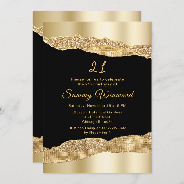Gold and Black Glam Tears Birthday Party Invitation (Front/Back)