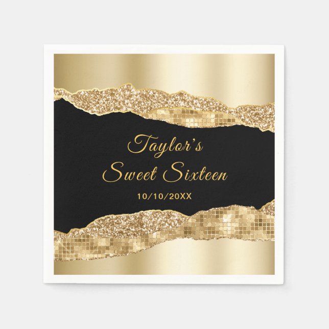 Gold and Black Glam Tears Sweet Sixteen Napkin (Front)