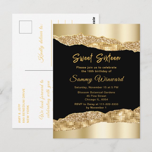 Gold and Black Glam Tears Sweet Sixteen Postcard (Front/Back)