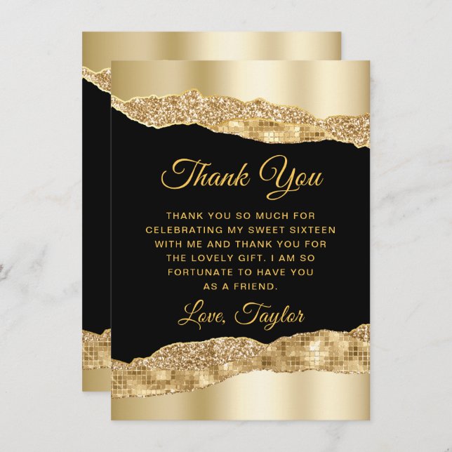 Gold and Black Glam Tears Sweet Sixteen Thank You Card (Front/Back)