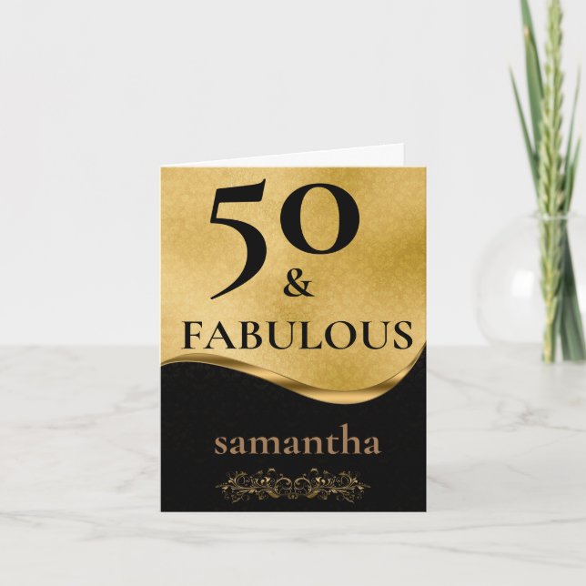 Gold and Black Glitter 50 & Fabulous Birthday Card (Front)