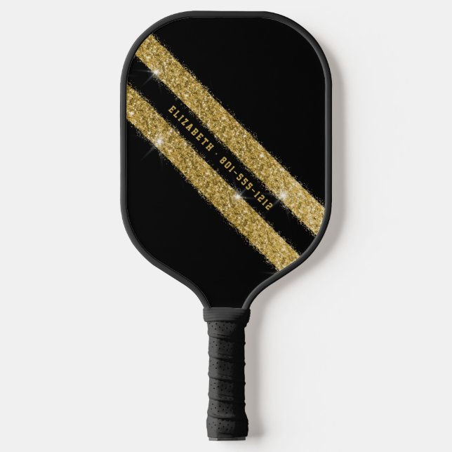 Gold and Black Glitter Sport Stripe Personalised Pickleball Paddle (Front)