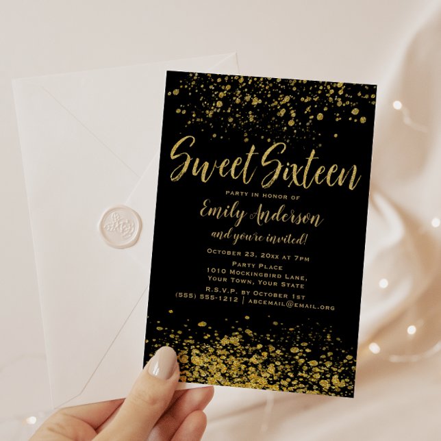 Gold and Black Glitter Sweet 16 Invitation (Creator Uploaded)