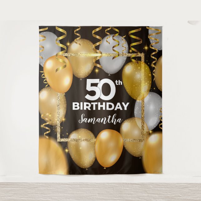 Gold and black gorgeous birthday backdrop tapestry (Front)