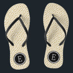 Gold and Black Greek Key Monogram Thongs<br><div class="desc">Custom printed flip flop sandals with a stylish modern Greek key pattern and your custom monogram or other text in a circle frame. Click Customise It to change text fonts and colours or add your own images to create a unique one of a kind design!</div>