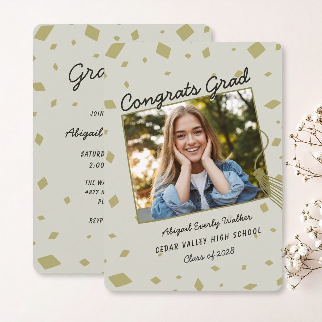 Gold and Black Hand Drawn Doodle Grad Invitation (gold and beige hand drawn graduate invitation and announcement card with photo)