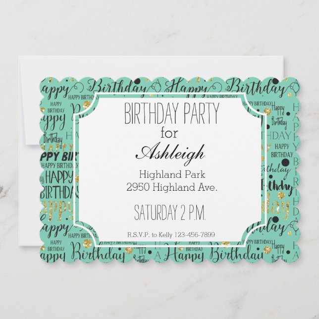 Gold and Black Happy Birthday Confetti birthday Invitation (Front)