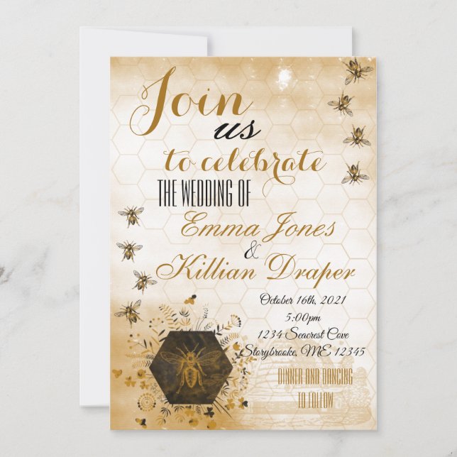 Gold and Black Honey Bee Invitation (Front)