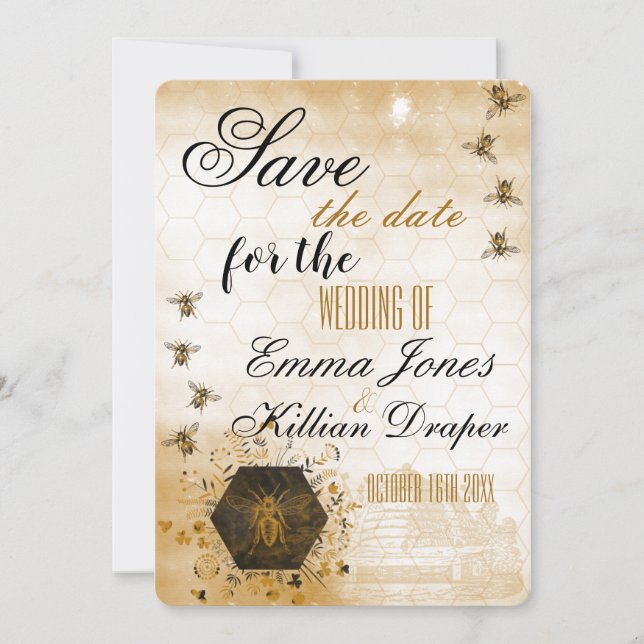 Gold and Black Honey Bee Save The Date (Front)