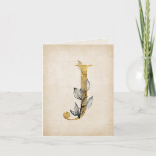 Gold and Black J Monogram With Leaves Note Card