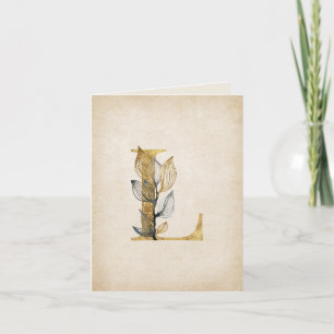 Gold and Black L Monogram With Leaves Note Card