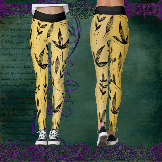 Gold and Black Leaves Chic Modern Art Minimalist  Leggings