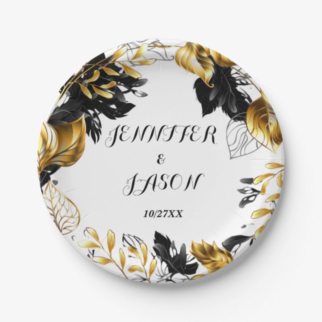 Gold and Black Leaves Personalised Paper Plate (Front)
