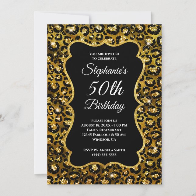 Gold and Black Leopard Glam 50th Birthday Invitation (Front)