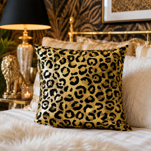 Gold and Black Leopard Print Animal Pattern Cushion
