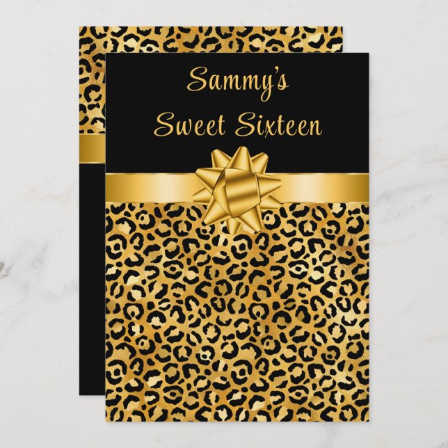 Gold and Black Leopard Print Sweet Sixteen Invitation (Front/Back)