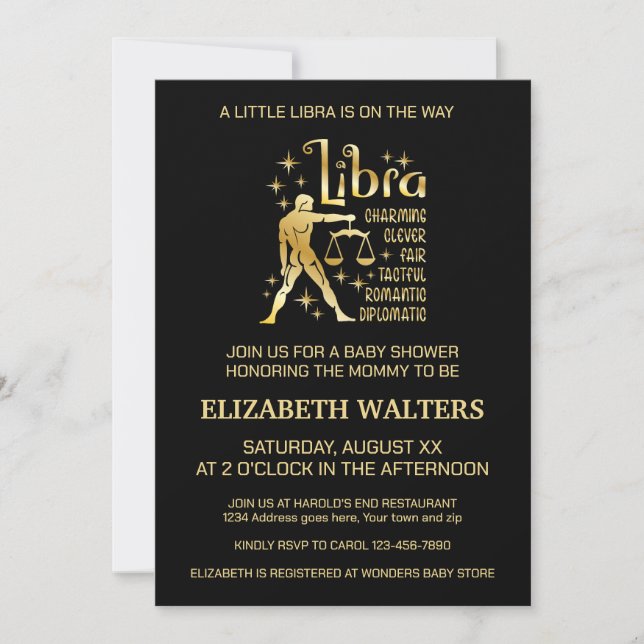 Gold and Black Libra Zodiac Baby Shower Invitation (Front)