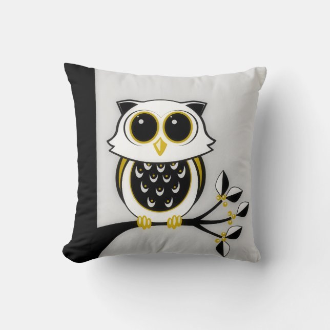 Gold and Black Line Art Owl, Leaves and Berries Cushion (Front)