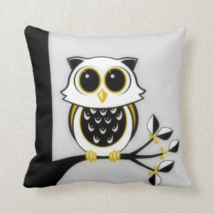 Gold and Black Line Art Owl, Leaves and Berries Cushion