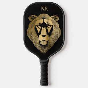 Gold and Black Lion Modern Chic Classy Monogrammed Pickleball Paddle