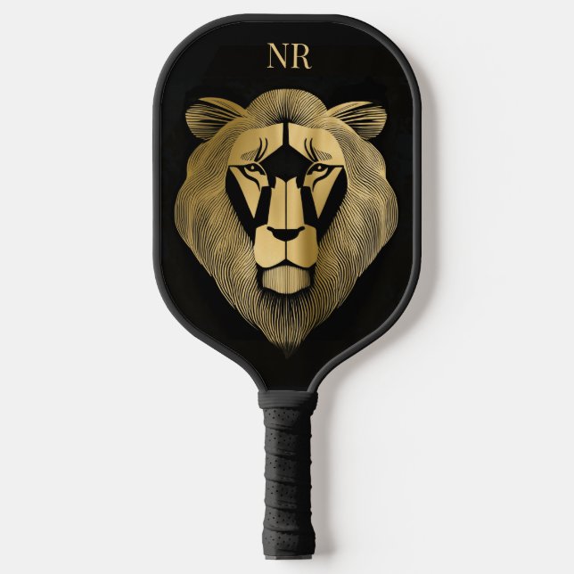 Gold and Black Lion Modern Chic Classy Monogrammed Pickleball Paddle (Front)