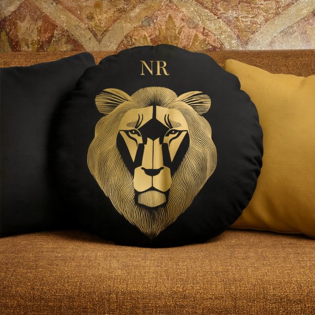 Gold and Black Lion Modern Chic Classy Monogrammed Round Cushion (Creator Uploaded)