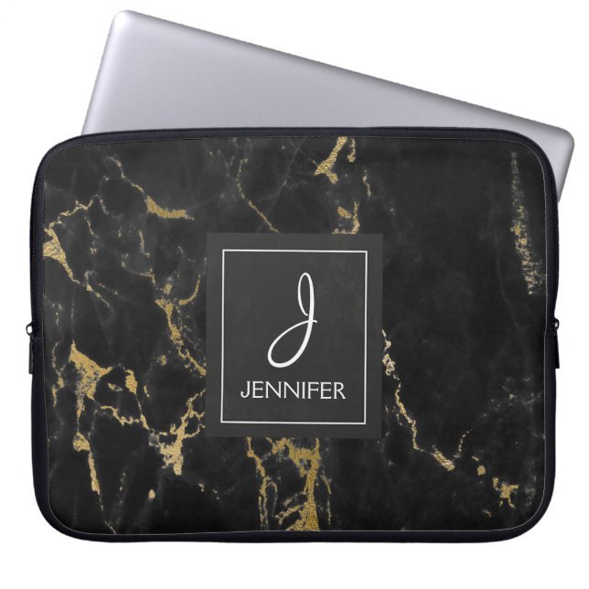 Gold and Black Marble Elegant Monogram Laptop Sleeve (Front)