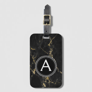 Gold and Black Marble Monogram Luggage Bag Tag