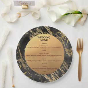 Gold and black marble theme wedding Menu Paper Plate