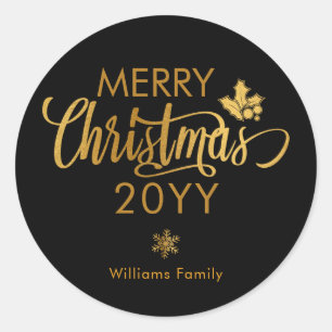 Gold and Black Merry Christmas Custom Holiday Classic Round Sticker