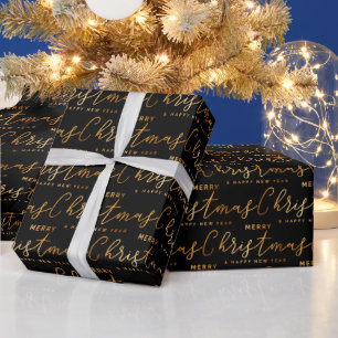Gold and Black Merry Christmas Word Art Wrapping Paper
